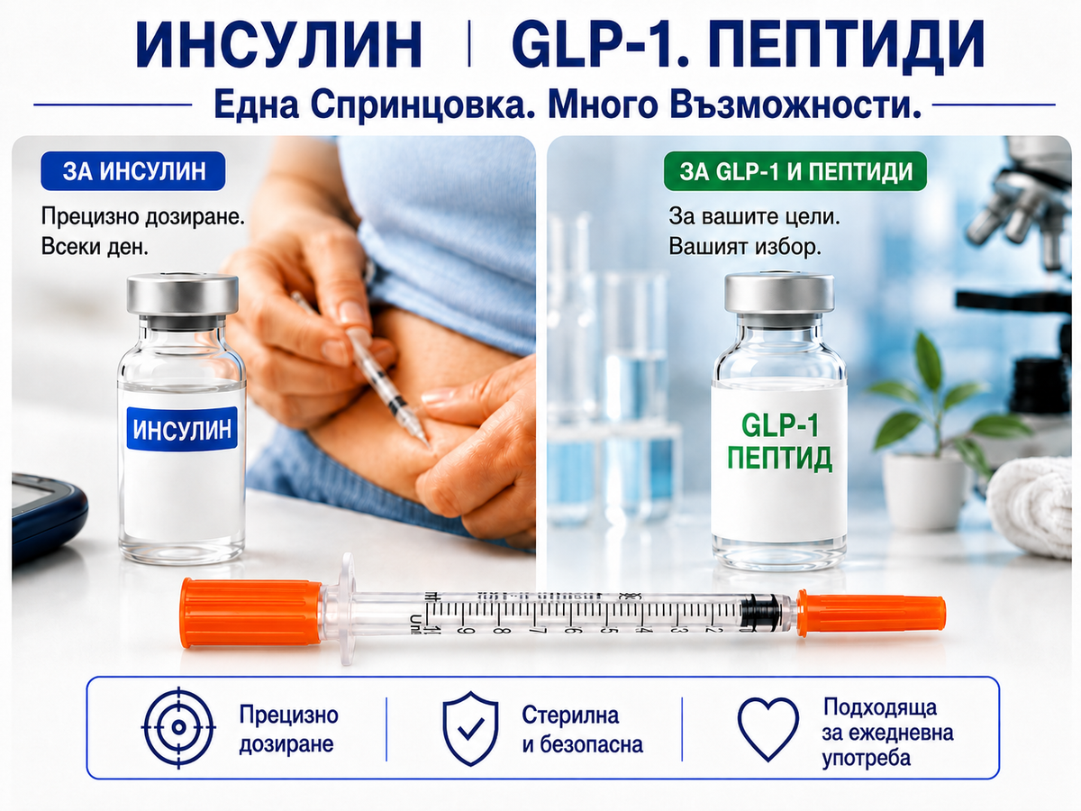 Технически данни: игла 29G, дължина 8 mm, вместимост 1 ml, скала U-100