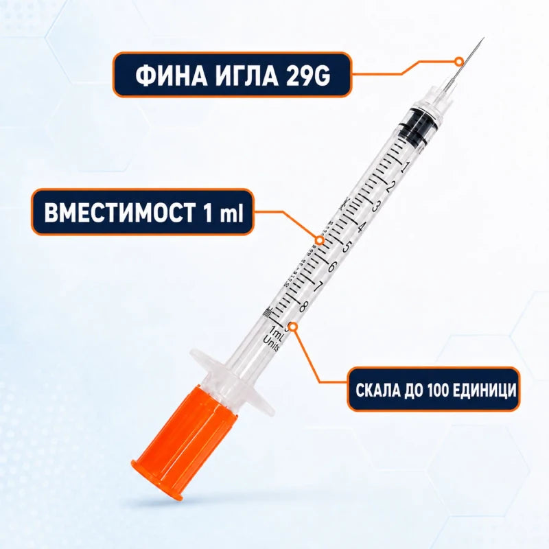 Фина игла 29G, вместимост 1 ml, скала до 100 единици