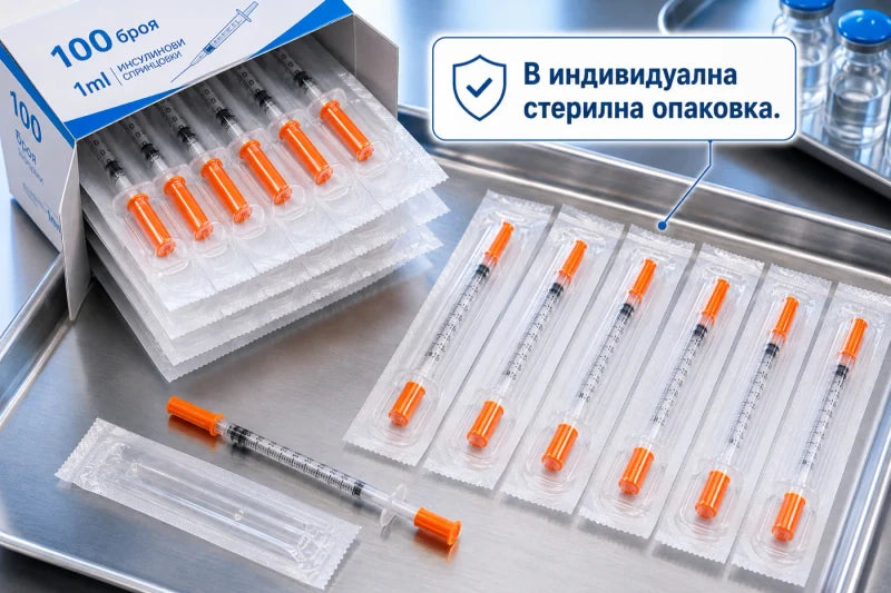 Спринцовки в индивидуална стерилна опаковка, подредени в тава